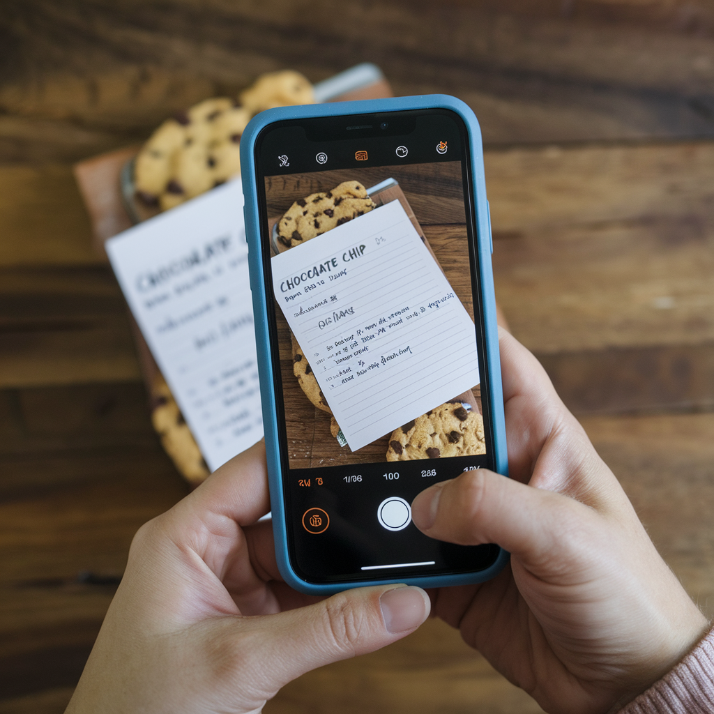 Person snapping a photo of a recipe card with a smartphone