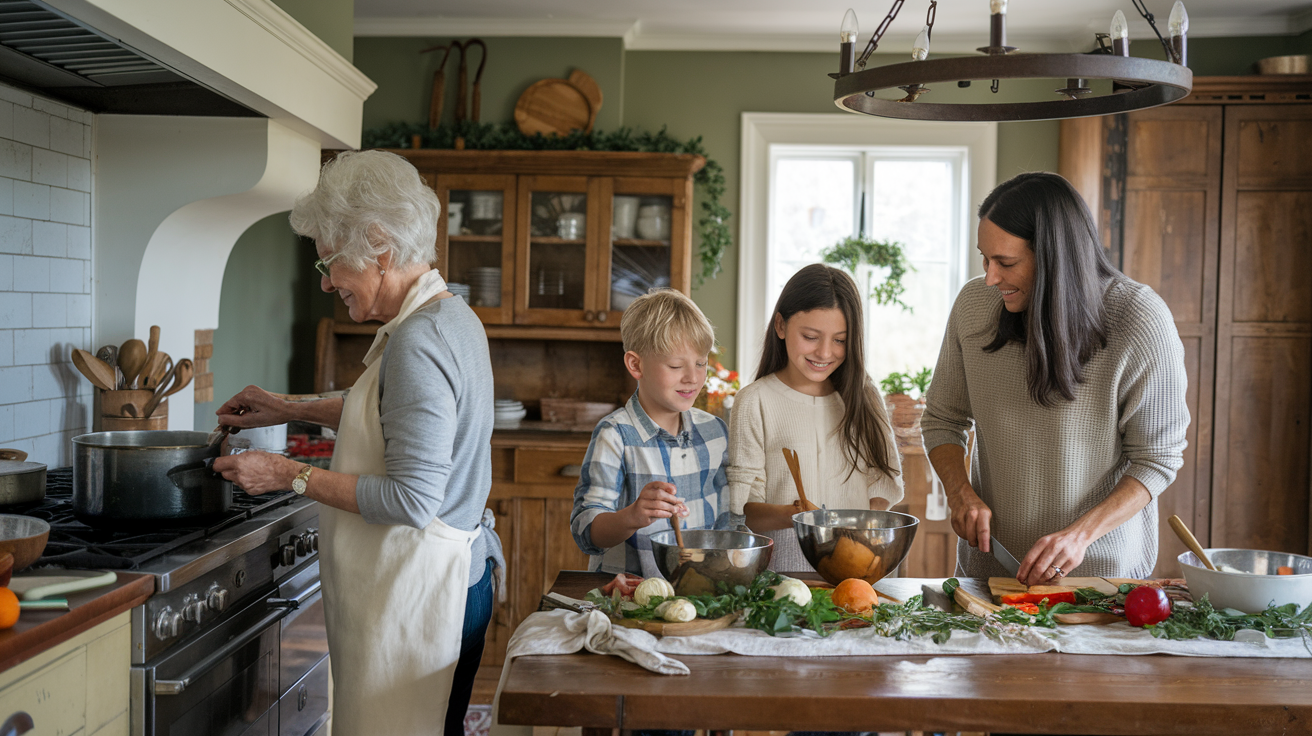 Group photo of a family cooking together in a kitchen
