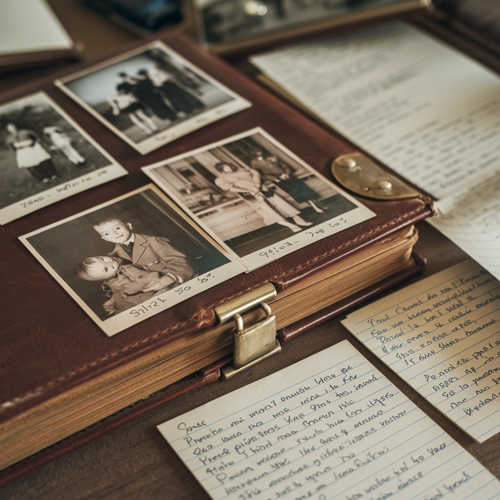 Old family photo album with handwritten notes beside it