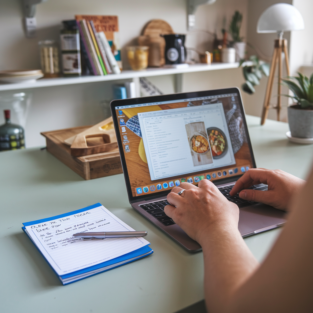 Person typing on a laptop with a recipe card beside them