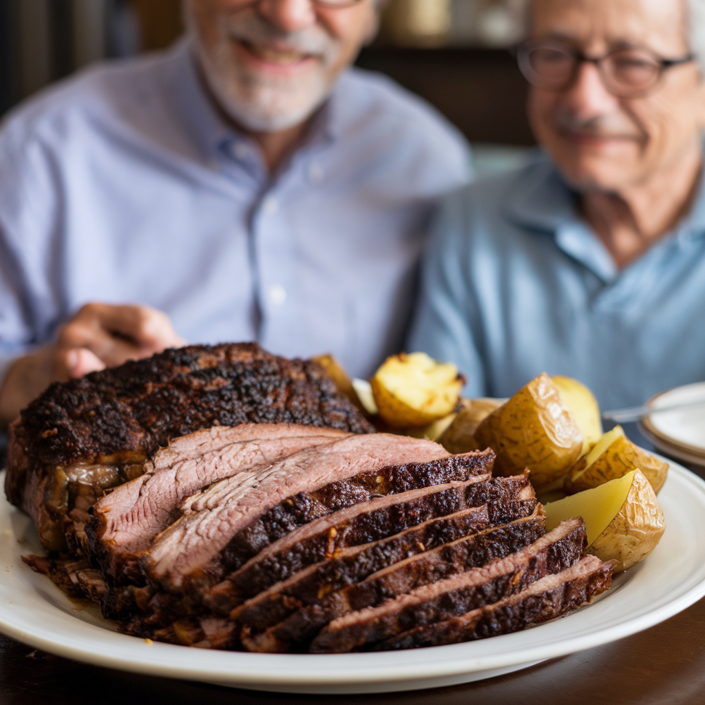 Photo of a dish with a family member in the background smiling